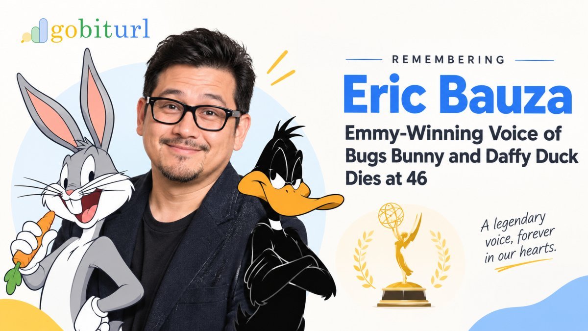 Voice actor Eric Bauza smiling at a microphone in a recording studio surrounded by Looney Tunes illustrations