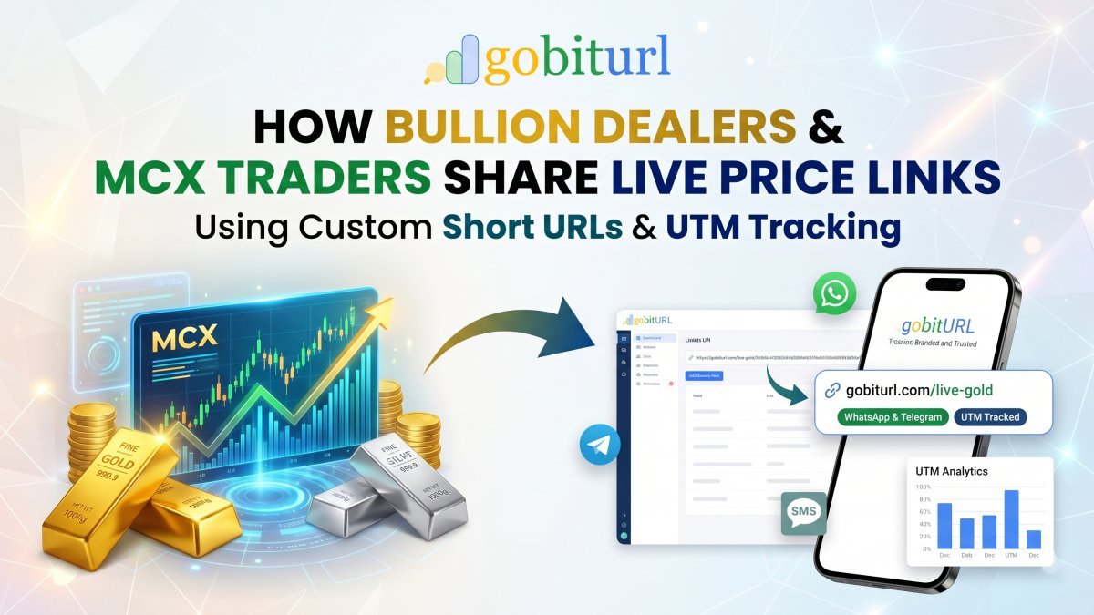 Bullion dealer and MCX commodity trader sharing live gold and silver price chart links via GoBitURL branded short URLs and UTM analytics dashboard on mobile and desktop.